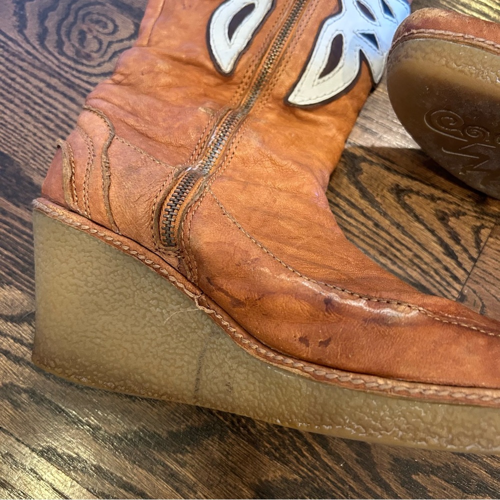 70s Fur Lined Brown Leather Platform Wedge Boots - Picture 4 of 6